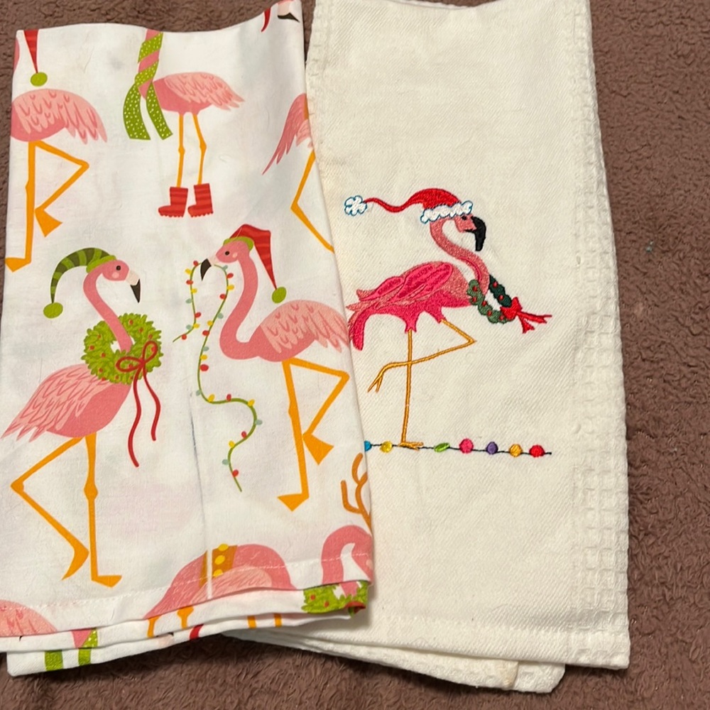 Tableau Towels Christmas pink Flamingo cotton set of two